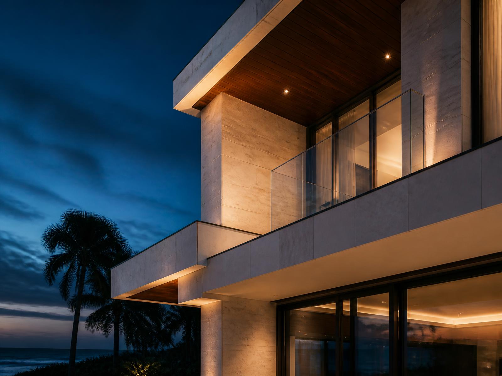 Modern coastal Florida residence illuminated at dusk
